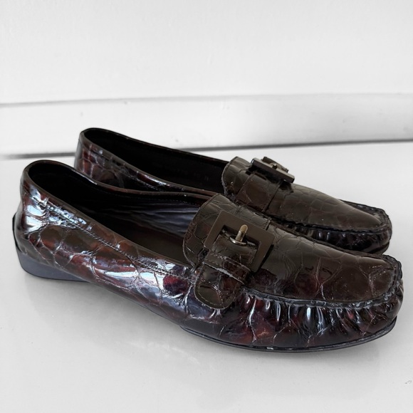 Stuart Weitzman Croc Patent Leather Driving Loafer brown Square Toe SZ 10 M - Picture 1 of 6